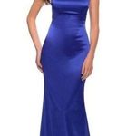 La Femme Royal Blue Satin Column Maxi Dress Criss Cross Back Prom 2 Style 29858 Photo 0
