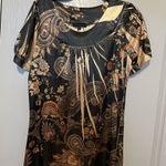 Elegant Black and Gold Paisley Women's Top Bleu Medium Y2K T shirt Photo 0