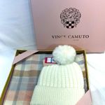 Vince Camuto  Cream Knit Beanie and Plaid Scarf Set New In Box Photo 0