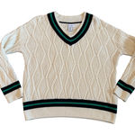 Nicole Miller Cream Cable Knit V Neck Sweater Green Navy Stripe Medium Tennis Photo 0
