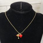 Delicate Gold Charm Necklace Red Stone Heart and Red Wine Glass Photo 1