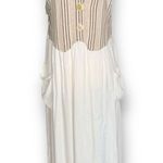 Vintage Rafia Studio Dress Cream Tan Vertical Striped Deep V Neck Draped Maxi Tan Size M Photo 0