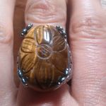 Hand Carved Tiger's Eye Dragon Flower Stainless Steel Cocktail Ring (Size 8) Photo 1