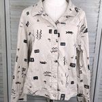 Chico's Stretchy Jean Jacket Snap Front Tan w Black Cave Drawing Design-3/Large Photo 0