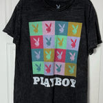 Playboy  Washed Black Multicolor Bunny Logo Grid Vintage Graphic T-Shirt Large Photo 0