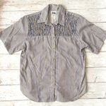 Women’s M Vintage 90s Tapestry Brand Short Sleeve Button Up Shirt Stripes Medium Blue Photo 0