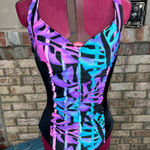The Slim suit one piece swimsuit ruched front black blue purple leaf print Size M Photo 0