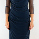 Sara Campbell Ruched Drapey Mesh Sleeve Lined Sheer Overlay Shift Dress Blue 4 Photo 0