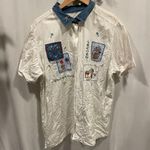 Cute cottagecore floral garden embroidered denim white button front blouse Blue Size 1X Photo 0