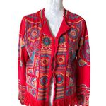 Johnny Was  Biya Floral Embroidered Open Front Jacket Fringe Red Womens Medium Photo 0