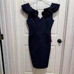 Eliza J  Scuba V-Neck Ruffled Cap Sleeve Sheath Dress Navy Size 14 Photo 2