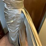 NWOT light green satin one shoulder bridesmaid dress with slit size 4 lace back Photo 4