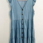 Anthropologie Mine Tiered Mini Dress LARGE Chambray Button Short Sleeve Womens Photo 2