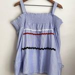 Anthropologie Maeve  blue Smocked Pinstripe Open Shoulder Top long sleeve XL Photo 1