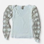 Dolan White Ribbed V Neck Puff Sleeve Floral Lace Mesh Top Women's XS Photo 0