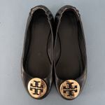 Tory Burch  Minnie Black Leather Gold Logo Elastic Heel Ballet Flats Photo 5