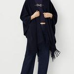 Ann Taylor NWT  Chain Fringe Open Poncho Navy Blue One Size Photo 0
