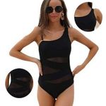 Sexy One Piece One Shoulder Swimsuit Slimming Mesh Size Small NWT #2266 Black Photo 0