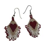 Vintage Red & White Beaded Fringed Heart Love Dangle Earrings Red Photo 5