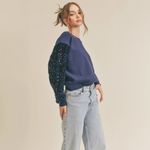 Lush Clothing Lush‎ | Round Neck Sequin Sleeve Sweater in Blue Medium Photo 1