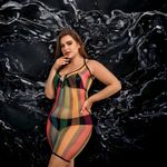 Plus Size Sexy Lingerie Dress ‎ Rainbow Striped Ring Decor Halter Neck Slim Fit Photo 6