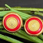 Liz Claiborne Vintage LCI Signed Red & Gold Heraldic Button Earrings Photo 0