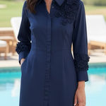 Chico's Chico’s Women’s Navy Blue Poplin 3D Appliqué Flower Button Up Shirt Dress Size 6 Photo 0