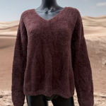 POL NEW Brown Fuzzy Eyelash Knit V-Neck Sweater Pullover Size S Photo 0