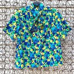 Vintage floral secretary blouse with kitten bow bold blue yellow green floral Size M Photo 0