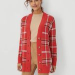 Ann Taylor Jacquard Plaid Boyfriend Cardigan Jubilee Red Size XS Photo 0