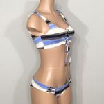 PilyQ Rare. metallic navy, blue, tan, cream stripe lace up bikini. NWT Photo 4