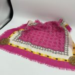 Henri Bendel  Knit Pink Yellow Ivory Logo Fringe Scarf Square Photo 5
