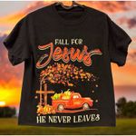 Womens Fall For Jesus He Never Leaves Pumpkin Red Trucks Happy Fall crop Tshirt Size 4 Photo 0