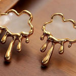 Gold Cloud Stud Earrings NWT | White Enamel Droplet Design Cute Dainty Photo 0