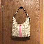 Coach  CHELSEA SIGNATURE BEIGE PINK STRIPE LEATHER TRIM CROSSBODY SHOULDER BAG Photo 11