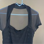 Maggy London  Dress Womens 10 petite Black Sheer Mesh Short Sleeve Ruched Formal Photo 4