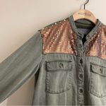 Anthropologie Sequin Shoulder Utility Shirt Jacket Olive Green Button Down XS Photo 7