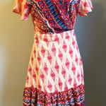 Boho Wrap Dress Short Sleeve Ruffle Tiered Mini fairy whimsi flowy cottage Y2K Red Size M Photo 0