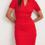NA-KD  rib knitted collar midi dress red polo slit short sleeve M Photo 0