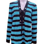 Michael Kors  Sweater Striped Lace-Up V-Neck Knit Top Blue Black Size XL Photo 9