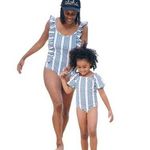 Pink Chicken Women’s Katniss Column Striped Ruffle Swimsuit One Piece Small Blue Photo 3