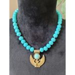 Women's Turquoise Beaded Necklace With Egyptian Winged Pendant And Lobster Clasp Gold Photo 1