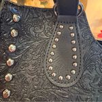Sam & Hadley Embossed Tote Bag with half braided handles. Faux leather. Black Photo 2