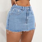 Denim Blue Patchwork Frayed Distressed Hem Mini Skirt Photo 2