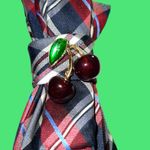 Dainty Dapper”Plaid Necktie Necklace with Gold Beads and cherry brooch. Red Photo 1