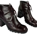 Vtg Y2K Chunky Heel Leather Square Toe Lace Up Ankle Boots Sz 7.5 Brown Wine Photo 0
