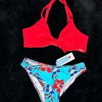 Cupshe  Women’s Red Bikini Top Floral High Waist Bottom Swimwear NWT Size L Beach Photo 1