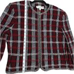St. John  COLLECTION Plaid Knit Jacket 12Red Black White Zig Zag Trim Faux Pocket Photo 6