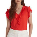 Ralph Lauren Lauren  Top NWT Ruffle Trim & Sleeve V-Neck Red Womens 2XL Photo 0