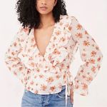 Free People White Amanda Ruffle Long Sleeve Wrap Orange Floral Top Photo 0